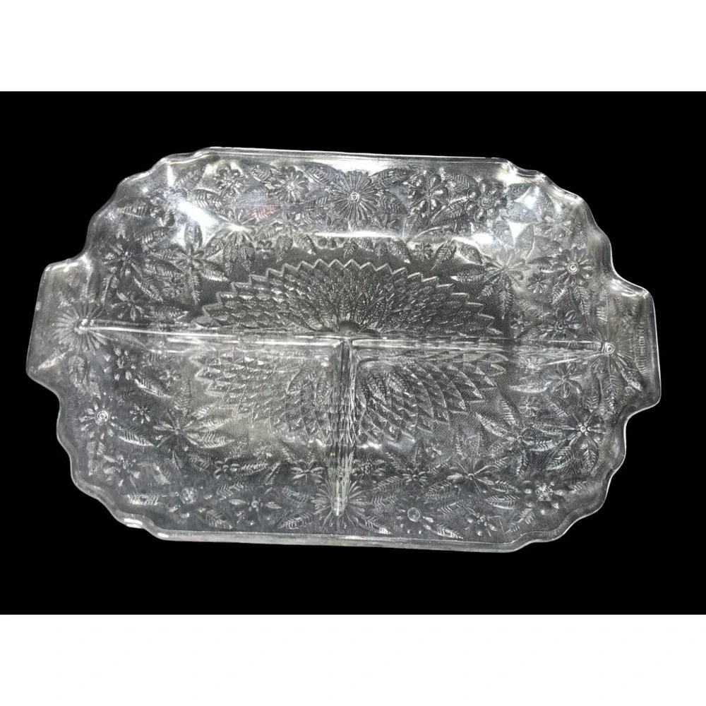Indiana Glass Pineapple and Floral 3-Part Divided Relish Dish 1930s